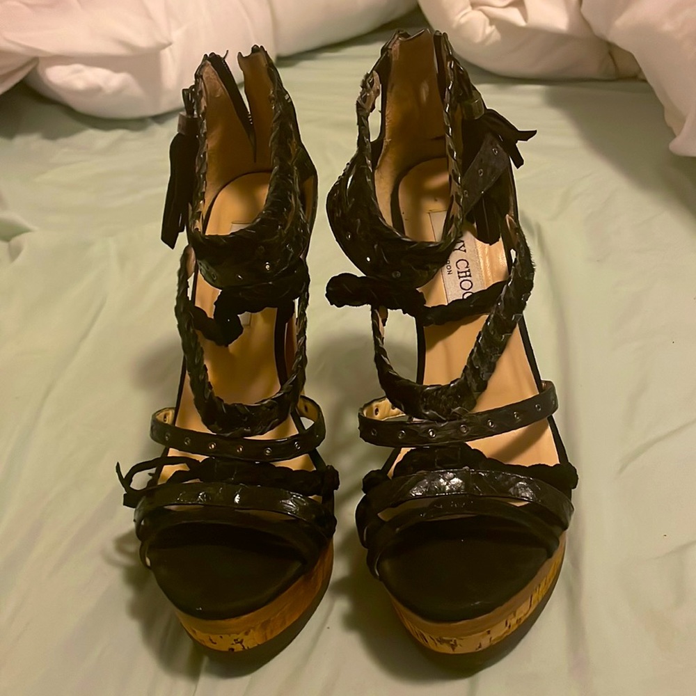Jimmy Choo Heels Size 8. Black snakeskin/ leather sandals. Cork platform, used